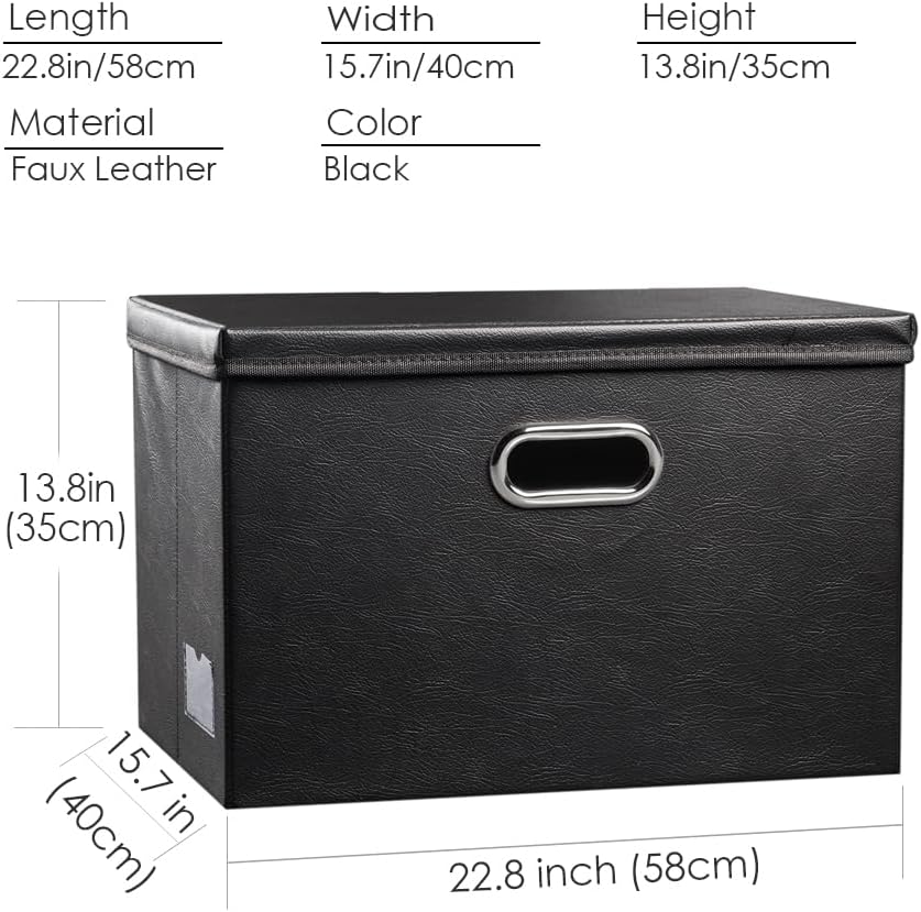 PRANDOM Extra Stackable Storage Bins with Lids [3-Pack] Leather Fabric Foldable Storage Boxes Organizer Containers Baskets Cube with Cover for Bedroom Closet Office Nursery Black (22.8x15.7x13.8)