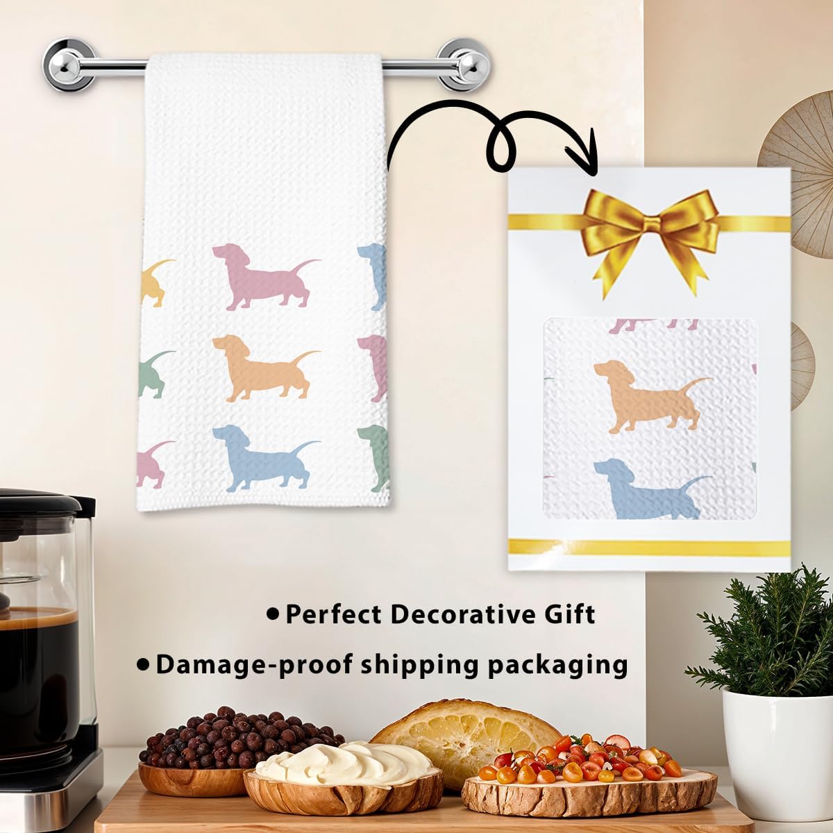 Dachshund Kitchen Towel, Waffle Weave Microfiber Wiener Dog Hand Towel, for Women, Dachshund Decor Accent for Bathroom or Kitchen