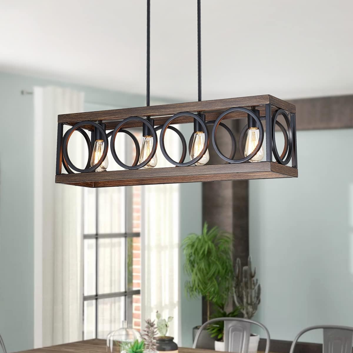 XINGQI Black Kitchen Island Light Fixtures, Farmhouse Dining Room Chandelier Rectangular Linear Chandeliers Pendant Ceiling Light Fixture for Bar Office Coffee Shop 4-Light Wood Grain