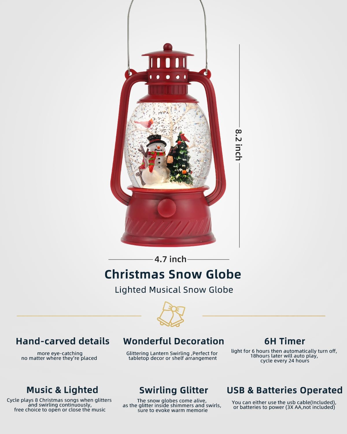 Musical Lighted Red Snowman Snow Globe Lantern with Swirling Glitter, USB & Battery Operated, 6H Timer, Classic Resin Christmas Decor & Gifts
