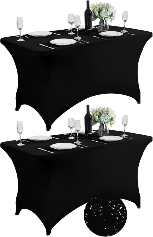SuperO 2Pack Waterproof Spandex Table Cover for 4FT Table Universal Fitted Stretch Tablecloth for Party, Banquet, Wedding and Events-Black