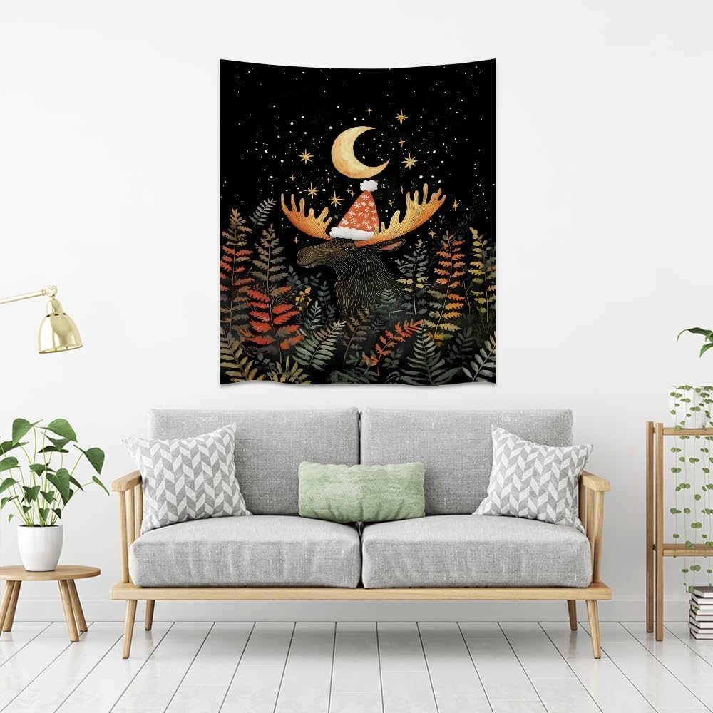 Cute Moose Tapestry Winter Christmas Aesthetic Wall Hanging Decor Funny Animal Lover Gift Whimsical Christmas Tapestries for Nursery Kids Bedroom Home Living Room Decoration 70x90inch