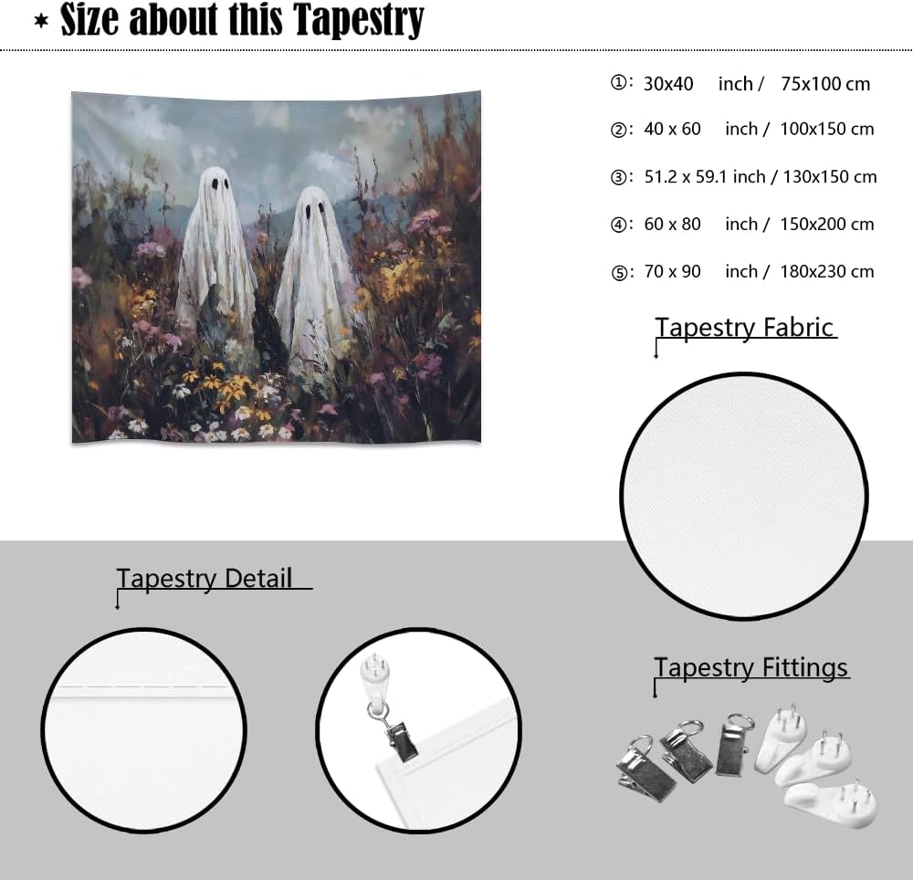 Halloween Ghosts in Wildflowers Tapestry Wall Hanging Spooky Cute Ghost Floral Tapestries Victoria Moody Artwork Aesthetic Print for Goth Living Room Bedroom wall Decor 70x90inch