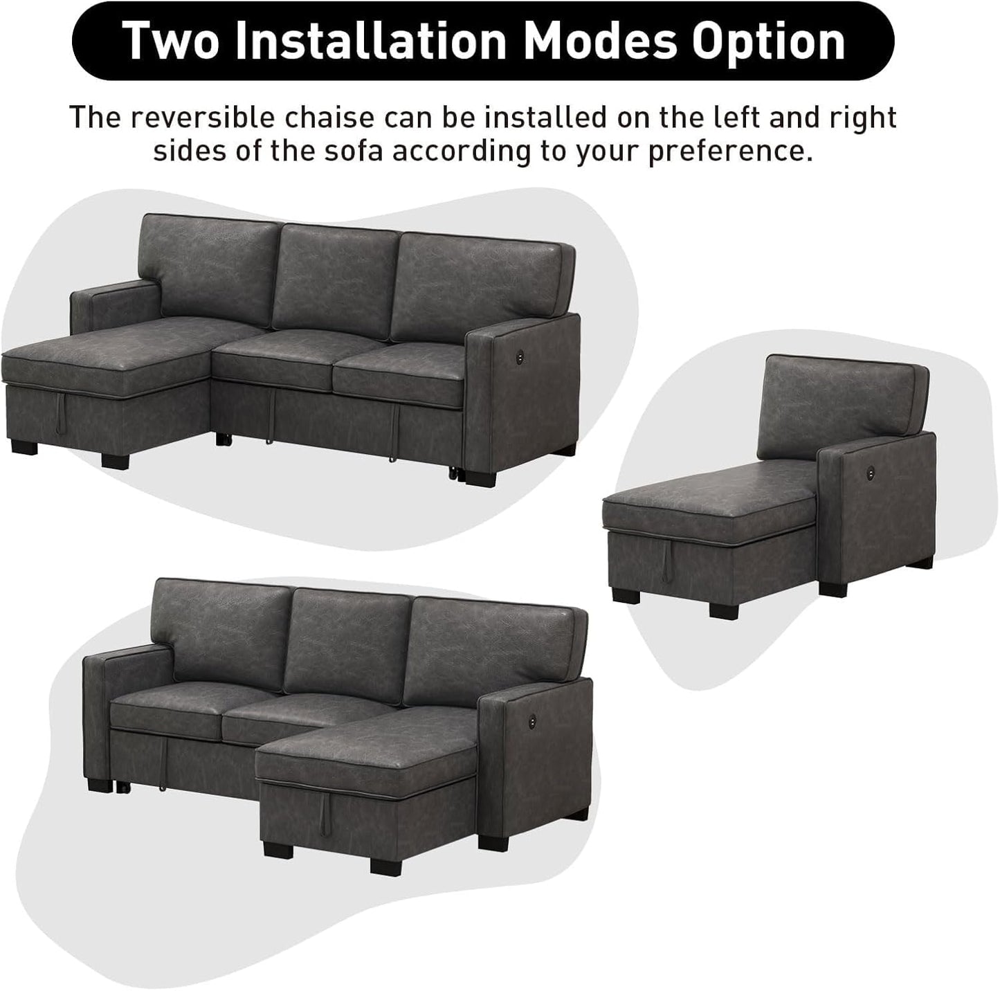 EBELLO Convertible Sleeper Sofa 3 in 1, Faux Leather Modern L-Shaped Couches for Living Room, Pull Out Sectional Futon Sofa Bed with Storage Space, USB Ports and Cup Holders for Bedroom