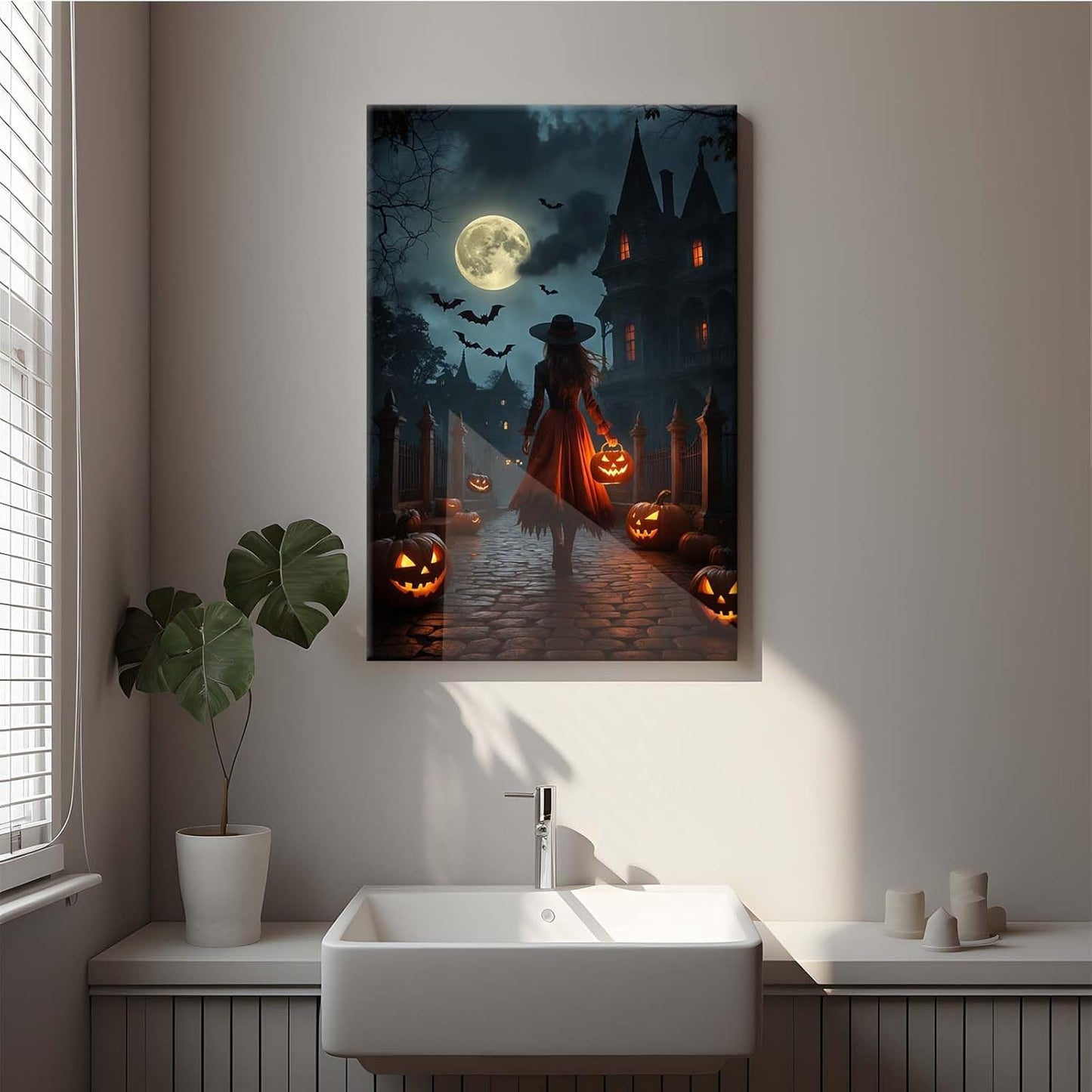 Halloween theme poster moonlit autumn night witch vintage poster art print dark college style gothic painting canvas wall decoration bedroom living room ideal gift16x24in Wood Framed