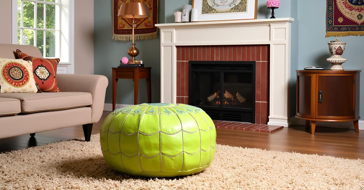 Stuffed Arch Design Moroccan Leather Pouf Ottoman, Handmade, Pre-Filled, 100% Genuine Leather, 14” Height x 22” Diameter – Boho Chic Footstool & Living Room Décor (Lime Green)