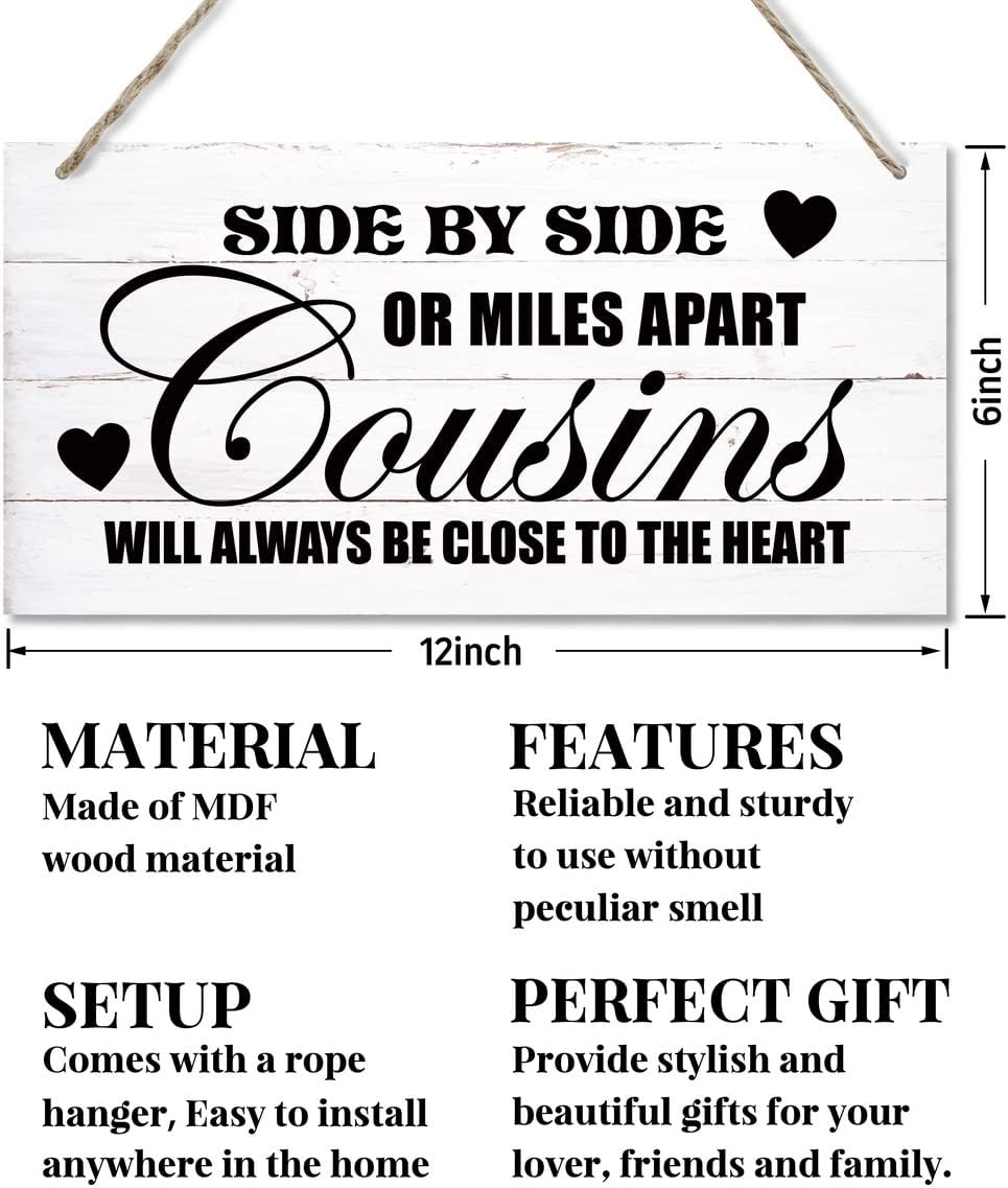 Side By Side Or Miles Apart Cousins Will Always Be Close To The Heart Decor Sign, Printed Wood Wall Art Sign, Cousins Wood Sign Wall Decor, Hanging Wood Sign Home Decorative, Gifts for Cousins 12x6 in