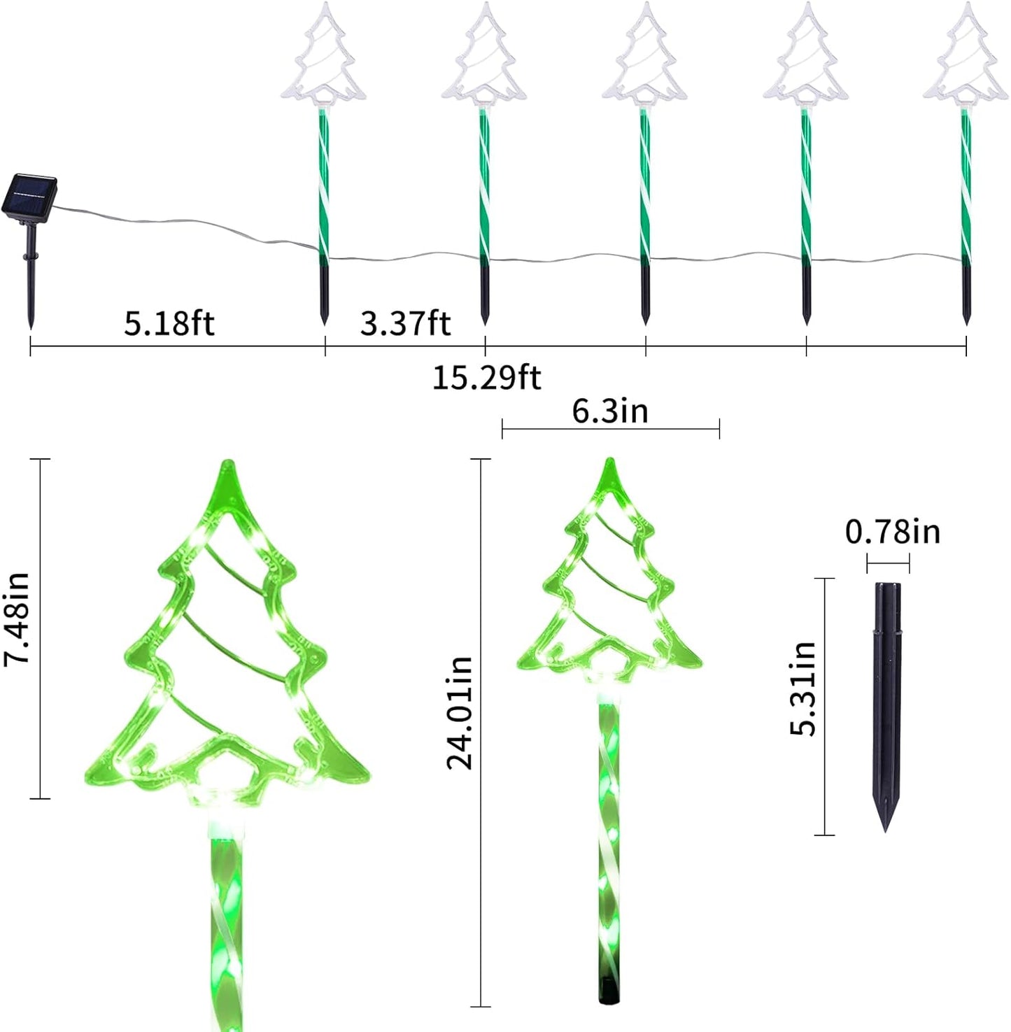 Christmas Solar Pathway Lights Outdoor Decorations， 8 Modes Xmas Tree Candy Lights Waterproof Led Garden Stake Light for Walkway Yard Lawn Porch Holiday Decor 5-Pack (Green Tube Tree, 5 Pack)