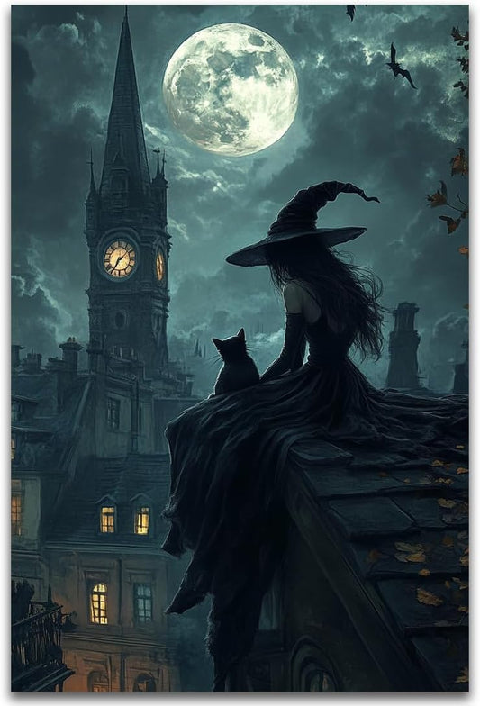 Halloween Witch Black Cat Wall Art,Magical Moon Witch on Roof with Black Cat at Night Scene Painting Haunting Dark Witches Canvas Print for Haunted House Party Decor Poster,20"x30" Unframed