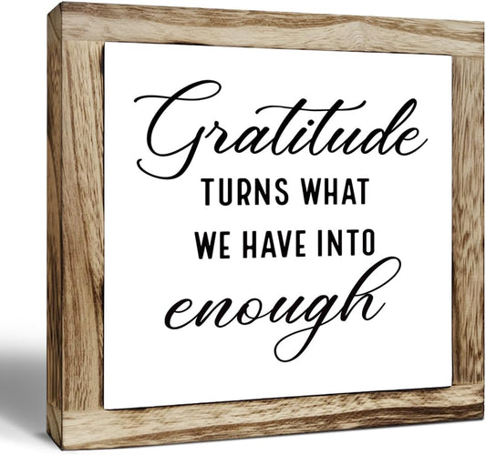 Rustic Wood Sign, Gratitude Turns What We Have Into Enough Sign, Wooden Plaques Table Decor, Inspirational Desk Decorate, Home Office Decor, Thankful Quote Signs, Small Wooden Box Signs