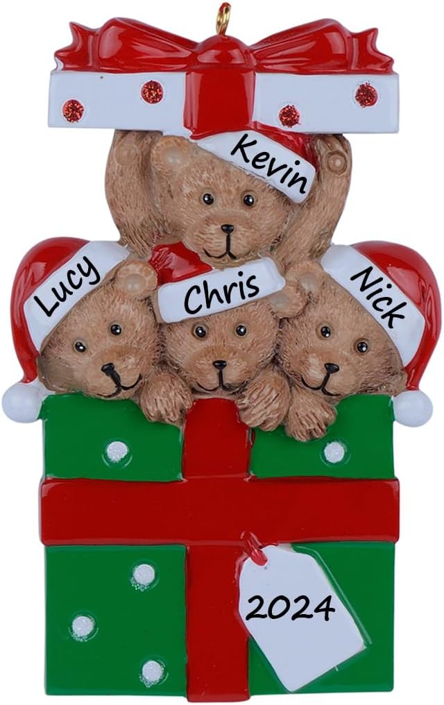 Personalized Family Ornament 2024, Bear Family of 4 Christmas Tree Ornament, Customized Teddy Bear Ornaments for Christmas Tree Decor, Unique Bear Gifts for Mom, Dad, Grandkids, Grandma, Grandpa