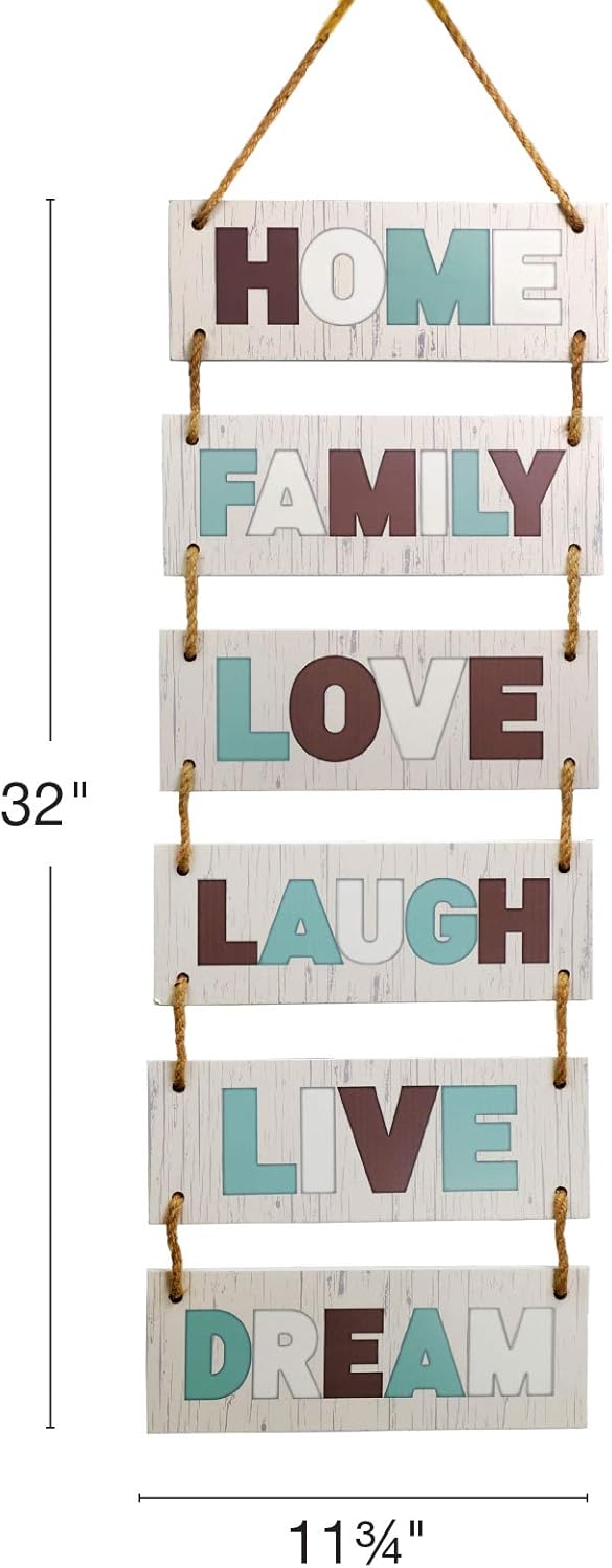 EXCELLO GLOBAL PRODUCTS Large Hanging Wall Sign: Rustic Wooden Decor (Family, Home, Love, Laugh, Live, Dream) Hanging Wood Wall Decoration (11.75" x 32")