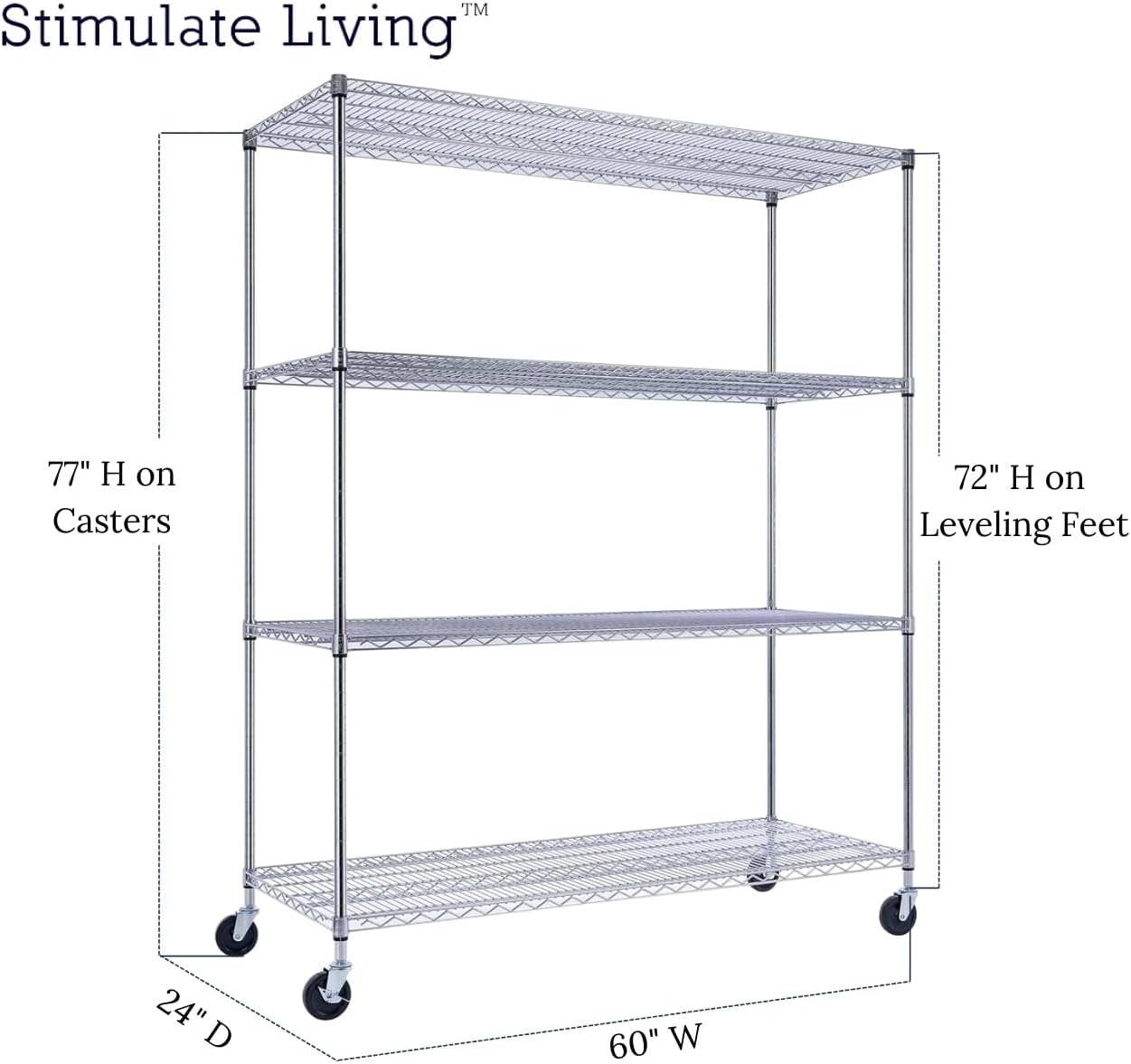 60"x24"x72" PRIME HEAVY DUTY Chrome 4-Tier Wire Shelving NSF 2400 LBS MAX Capacity Storage Rack for Commercial, School, Home, Garage, Warehouse, Industrial, and Hospital Uses (with Wheels)