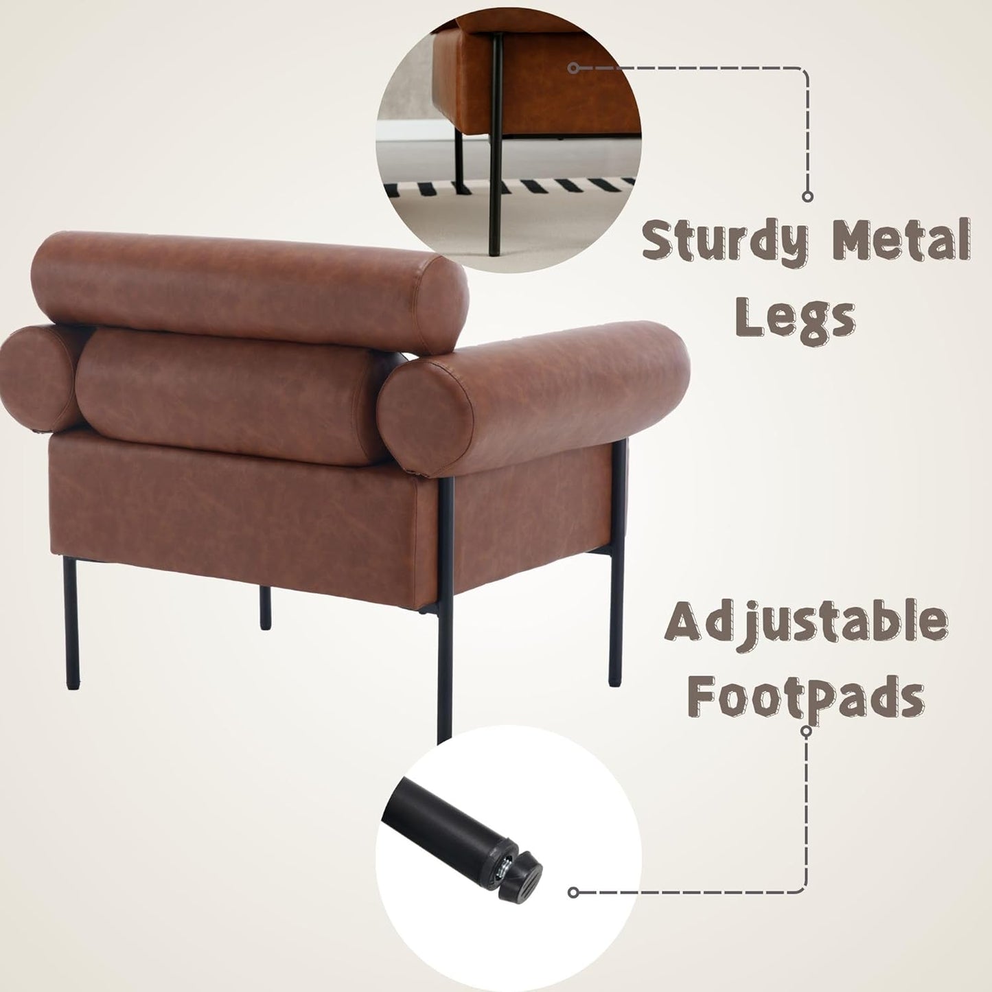 Modern Accent Chair, Single Sofa Accent Chair for Living Room, Upholstered Leather Mid-Century Modern Armchair, Oversized Reading Chair with Channel Tufted for Bedroom, Office, Brown