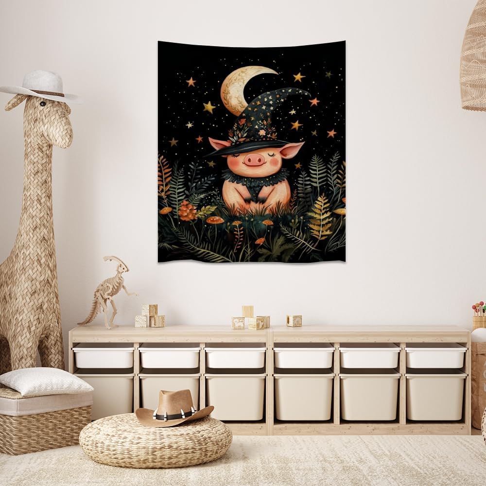 Whimsical Witch Pig Tapestry Wall Hanging Cute Farmhouse Animal Tapestry Aesthetic Moon and Stars Pictures Print Cottagecore Witchy Halloween Artwork Tapestries Decor for Living Room Bedroom 30x40inch