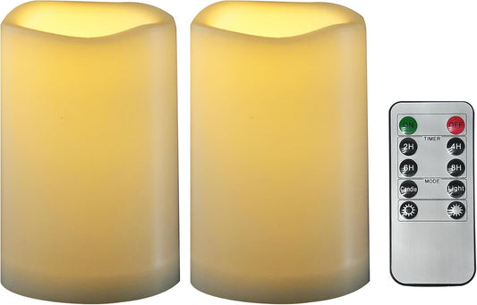 CANDLE CHOICE Waterproof Outdoor Battery Operated Flameless Candles with Remote Timer Plastic Flickering Fake Electric LED Pillars for Lantern Garden Wedding Christmas Decorations 3x5 Inches 2 PCS