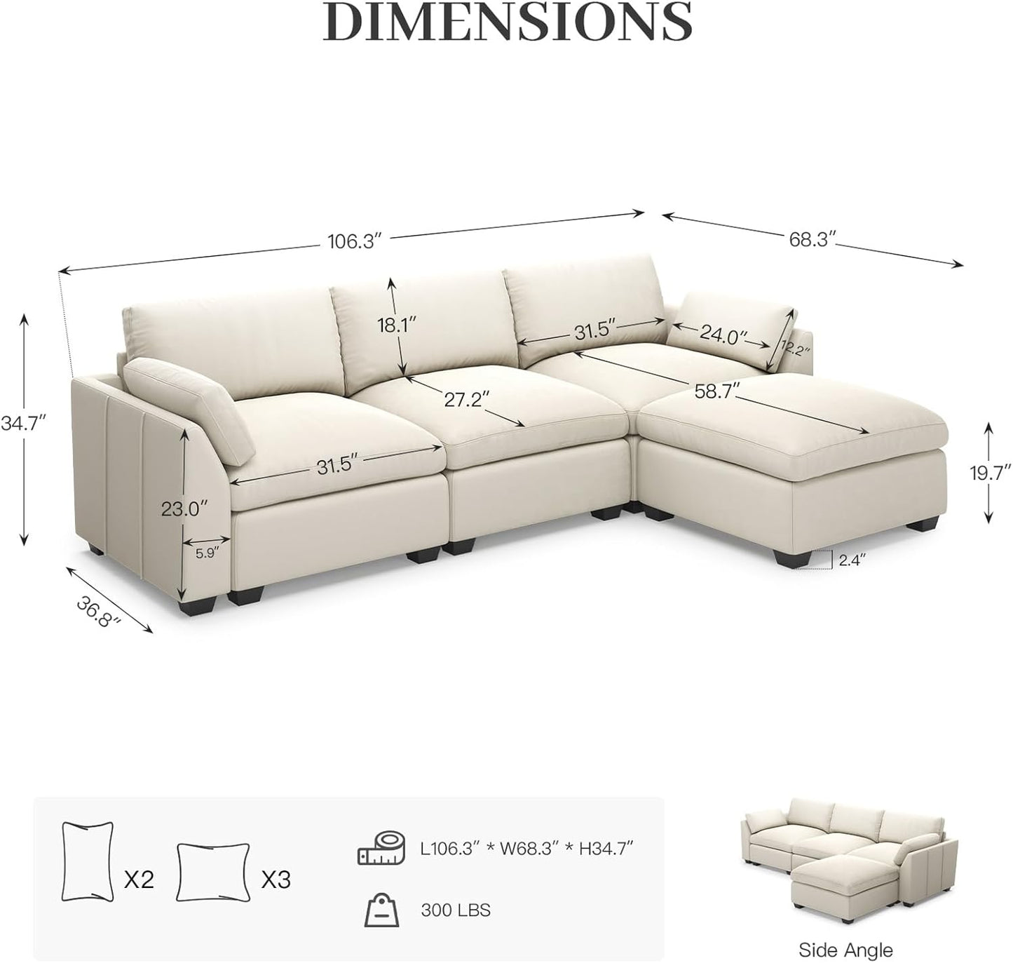 Belffin Extra Large Modular Sectional Sofa,106.3" 4-Seater L Shaped Couch,Velvet Convertible Sectional Couches for Living Room,Comfy Upholstered Modern Cloud Couch,Beige Sofa