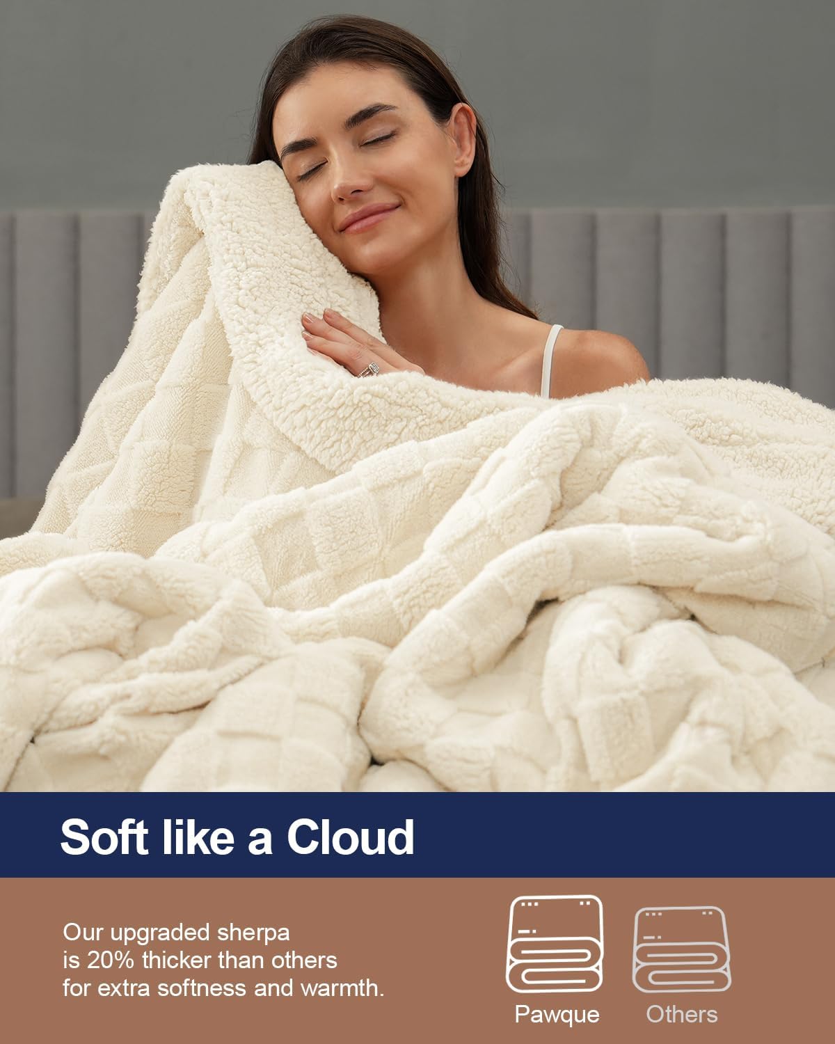 Pawque Super Soft Cozy Throw Blanket for Couch Bed - Fluffy Sherpa Fleece Reversible Thick Warm Fuzzy Blanket for All-Season, 3D Checkered Jacquard Elegant Decorative Blankets, Cream White, 50" x 60"