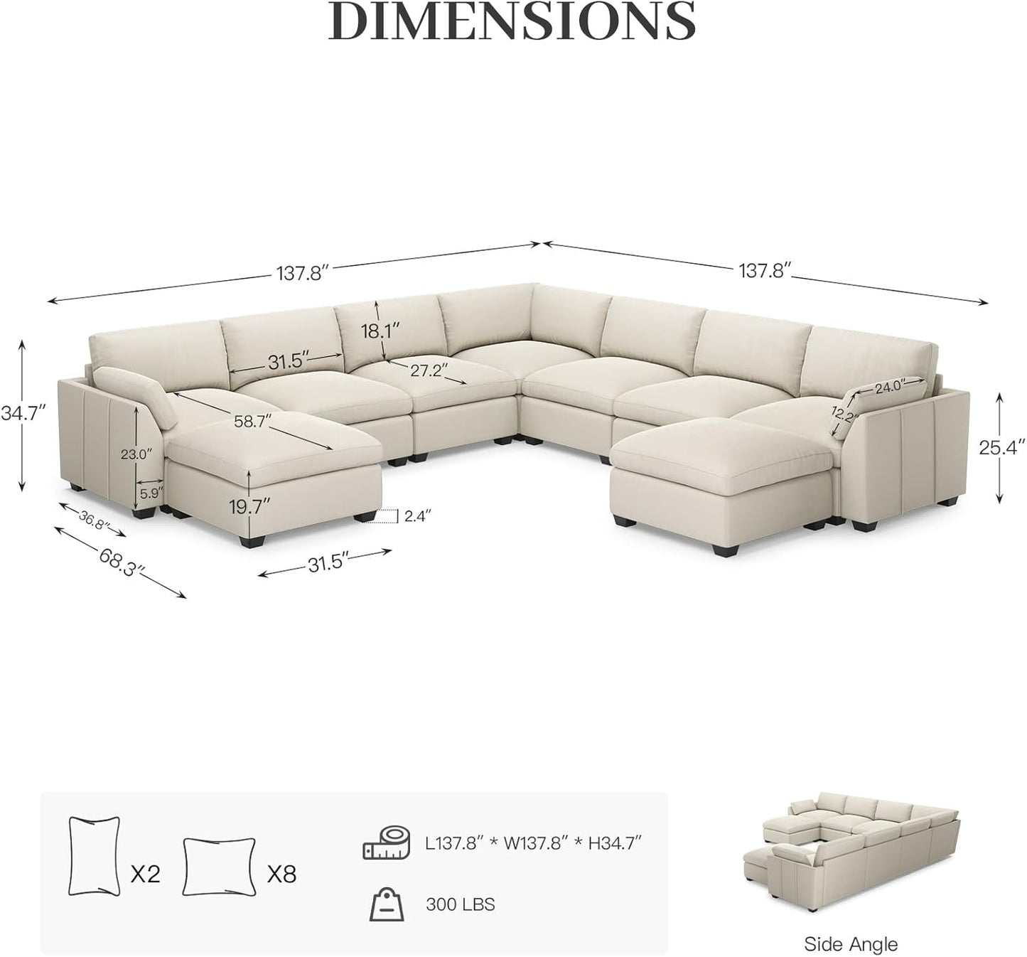 Belffin Oversized Sectional Couch with Movable Ottoman,Modern 137.8" 9-Seater Modular Sectional Sofa,Convertible Velvet U Shaped Sectional Couches for Living Room,Beige