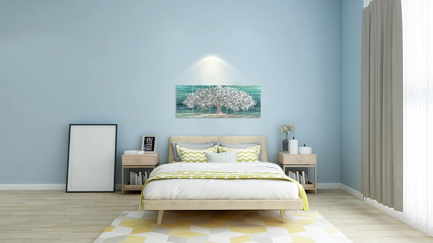 Yihui Arts Tree Of Life Metal Wall Art Handcrafted Aluminum Artwork Teal and Silver Abstract Nature Pictures in 5 Pieces for Living Room Bedroom Bathroom Decor