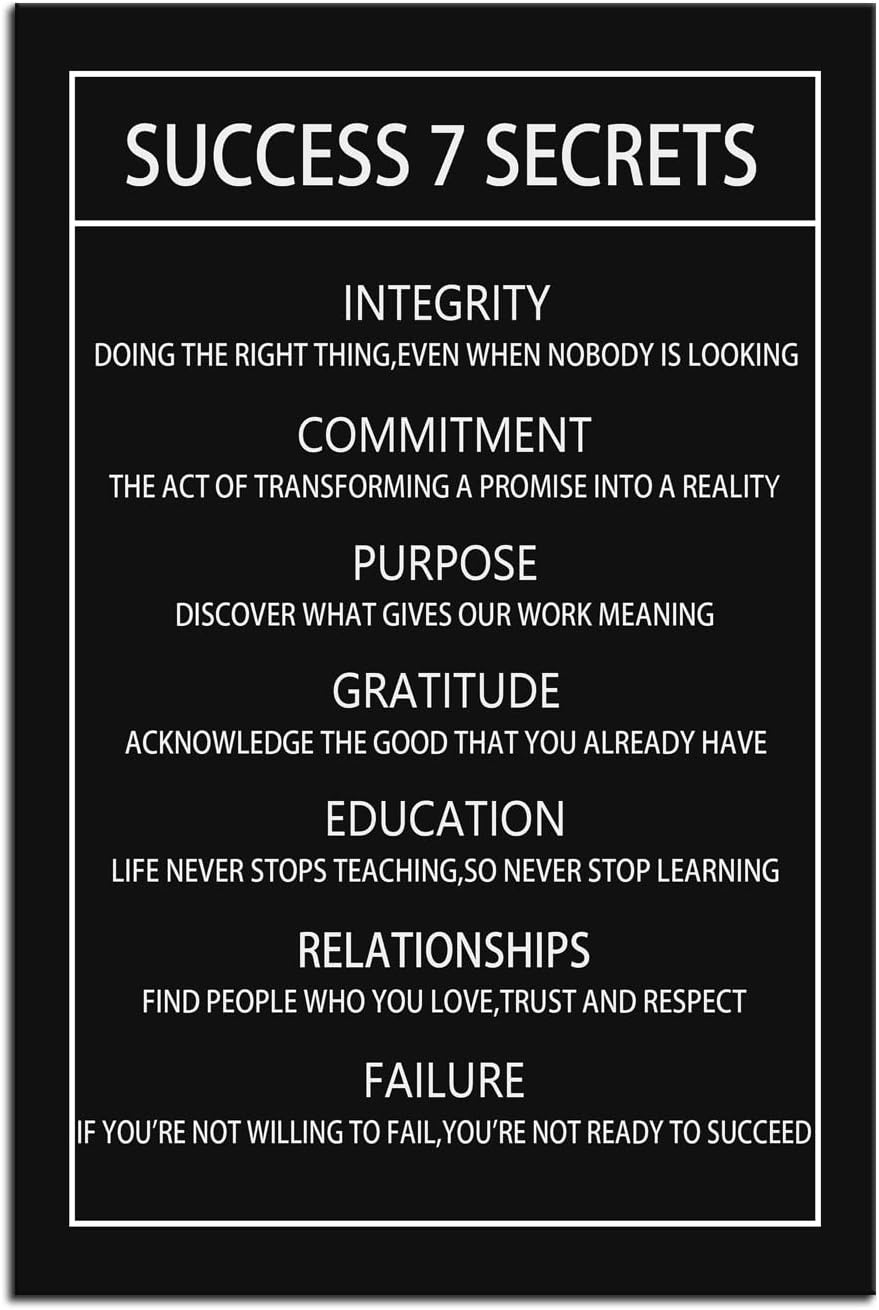Motivational Canvas Wall Art for Office Inspirational Success 7 Secrets Poster Print Artwork Painting Picture for Framed Home Decoration Living Room Bedroom Ready to Hang [12''W X 18''H]