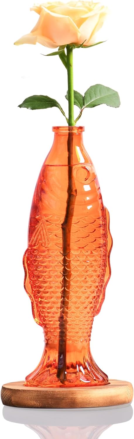 Nacome Fish Vase Glass Plant Terrarium with Wooden Stand,Planter Propagation Station for Home Office Hydroponics Desk Decoration,Unique Gardening Gifts for Plant Lovers Women Mom(Orange)
