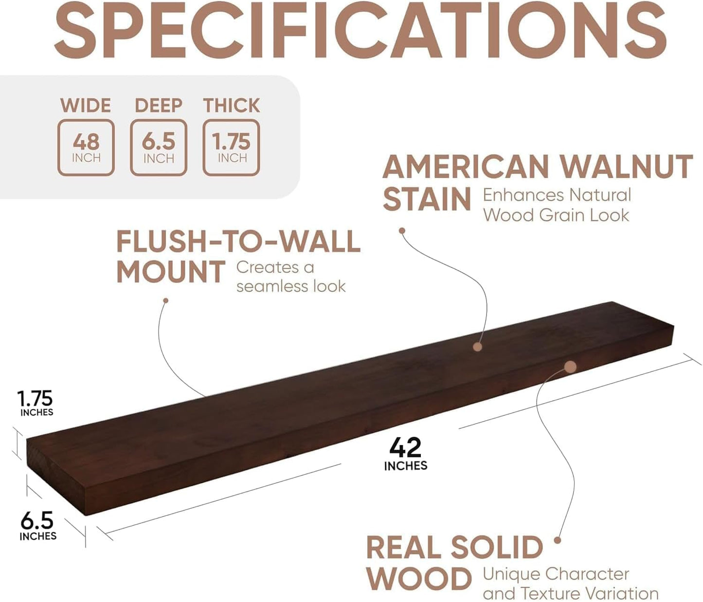 Homeforia Walnut 42 inch Floating Shelves, High End Solid Real Wood 42inch Floating Shelf for Wall, Large Dark Brown 42 inches Long Floating Shelves, Heavy Duty Bracket, 42 X 6.5 X 1.75 inch, Set of 2