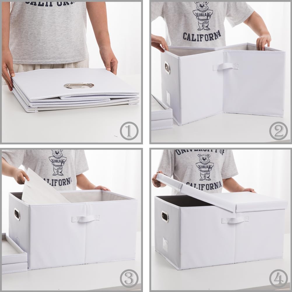 PRANDOM Collapsible Storage Box with Lid [1-Pack] Leather Fabric Foldable Storage Bin Organizer Container Basket Cube with Cover for Home Bedroom Closet Office Nursery White (22.8X15.7X11.8)