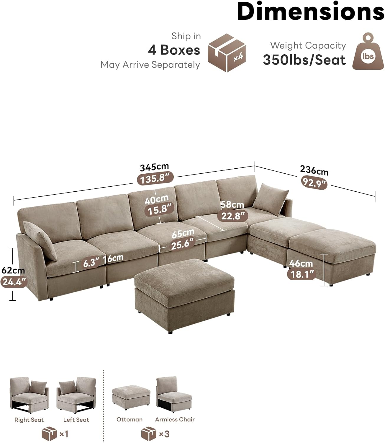 Tbfit L Shaped Couch 8 Seat, Sectional Sofa for Living Room,Chenille Cloud Couch with Ottoman, Khaki