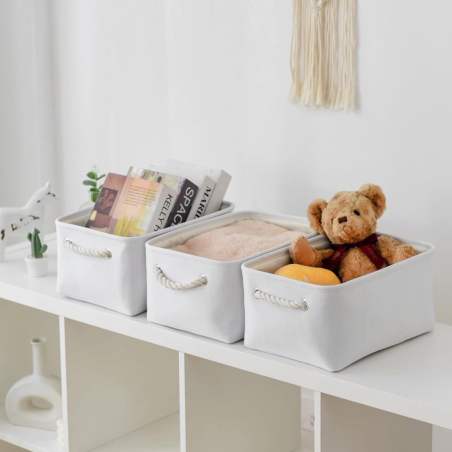 TheWarmHome Decorative Basket for Organizing - Medium-1Pack 13.8L*9.8W*6.7H Rectangular Fabric Storage Bin Organizer Basket with Handles for Clothes (White)