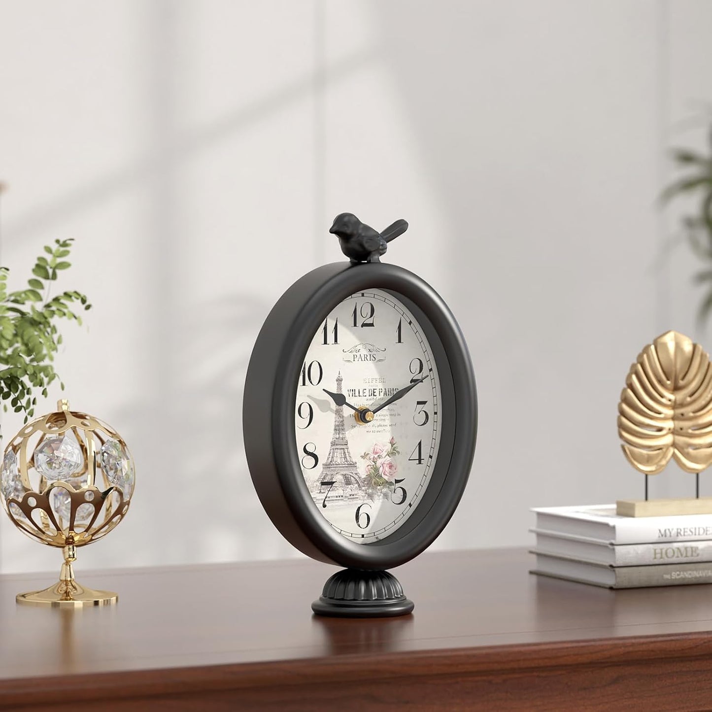 Vintage Table Clock with Bird, Desk and Shelf Decor Clock, French Paris Style, Antique Black Metal Mantel Clocks for Living Room, Farmhouse, Bedroom, Bedside, Gift (10" H x 5.9" W)