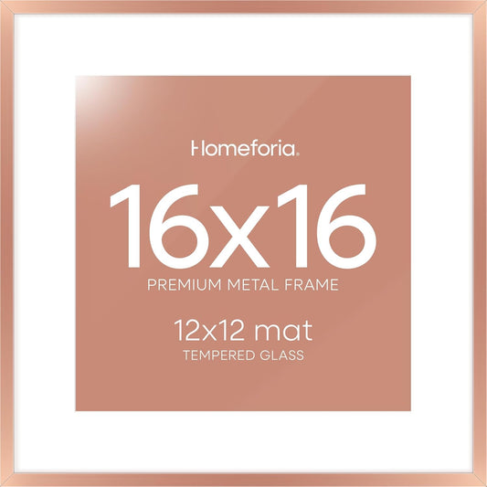 Homeforia 16x16 Picture Frame Rose Gold, High End Metal 16 x 16 Square Poster Frame with Mat 12 x 12 Photo, 16x16 Frame Matted to 12x12 Print, 16by16 Hanging Frames, Tempered Glass, Wall Kit, Set of 1