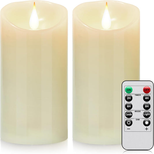 Flameless Battery Operated LED Candles 3D Wick with10key Button Remote Control 24-Hour Timer Set of 2 Electric Flickering Pillar Real Wax，Wedding, Party, Home Decoration