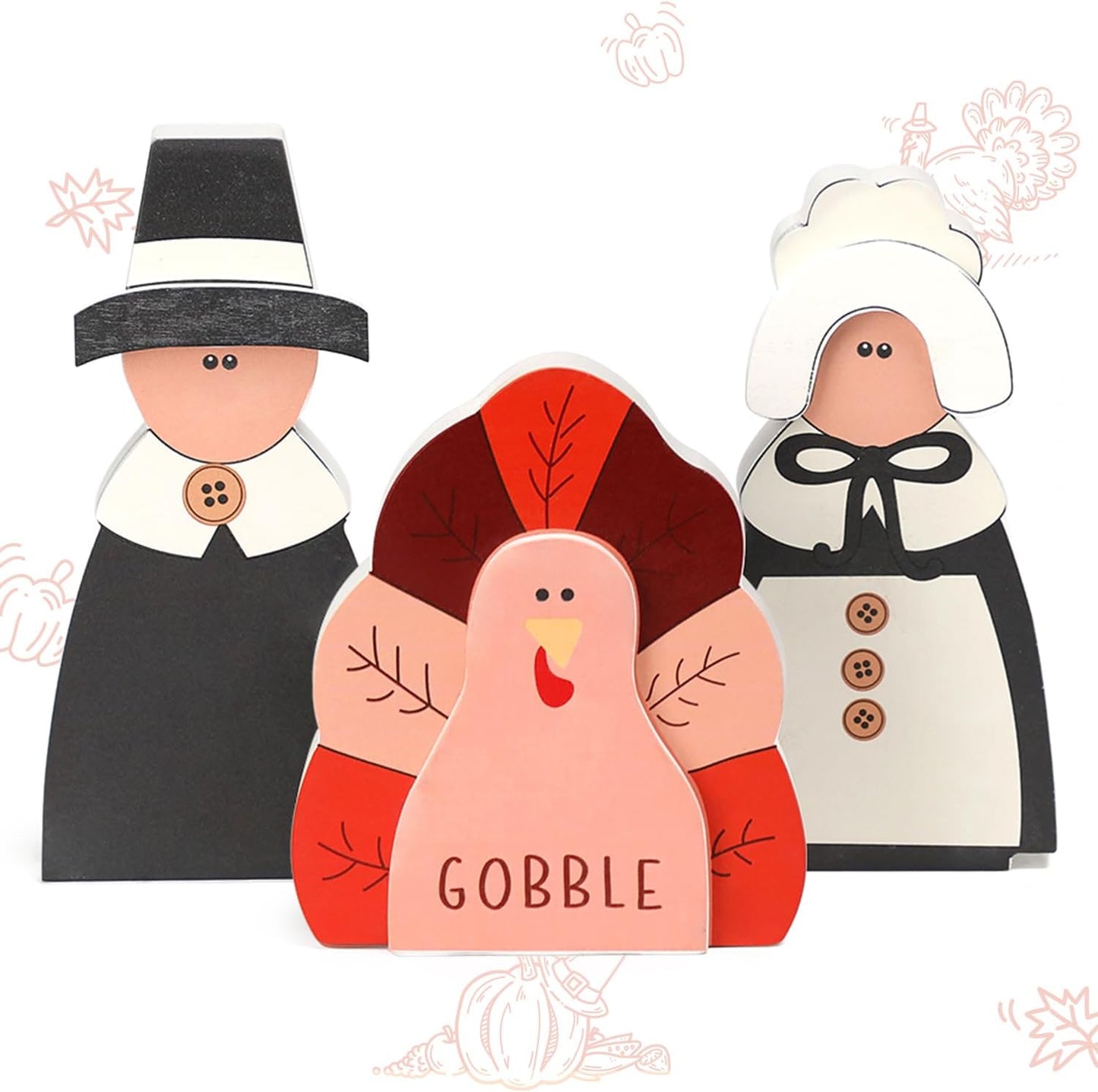 Amorita Fall Thanksgiving Decorations Wooden Turkey Pilgrim Couple Table Sign 3 Pcs Fall Thanksgiving Decor Standing Tabletop Sign Decor for Autumn Harvest - W