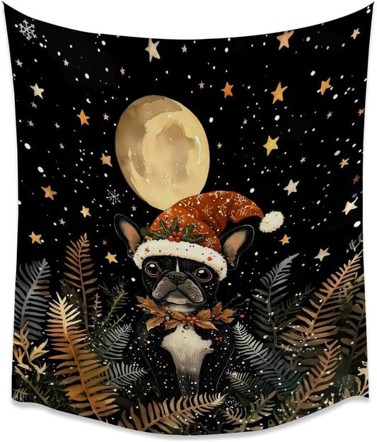 French Bulldog Christmas Tapestry Wall Hanging Cute Dog Santa Hat Moon Pictures Print Pet Lover Gift Funny Christmas Tapestries Aesthetic for Winter Home Nursery Kids Bedroom Decor 60x80inch