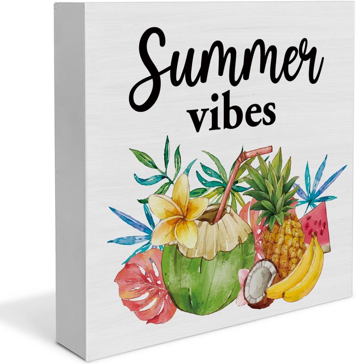 Oqtumes Summer Vibes Decorations Fruit Wooden Sign Rustic Home Decor 5 x 5 Inches