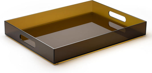 Large Acrylic Serving Tray Decorative Ottoman Coffee Table Vanity Tray Tea Fruit Platter Snack Appetizer Dessert Drink with Handles for Bar Kitchen Party, Amber