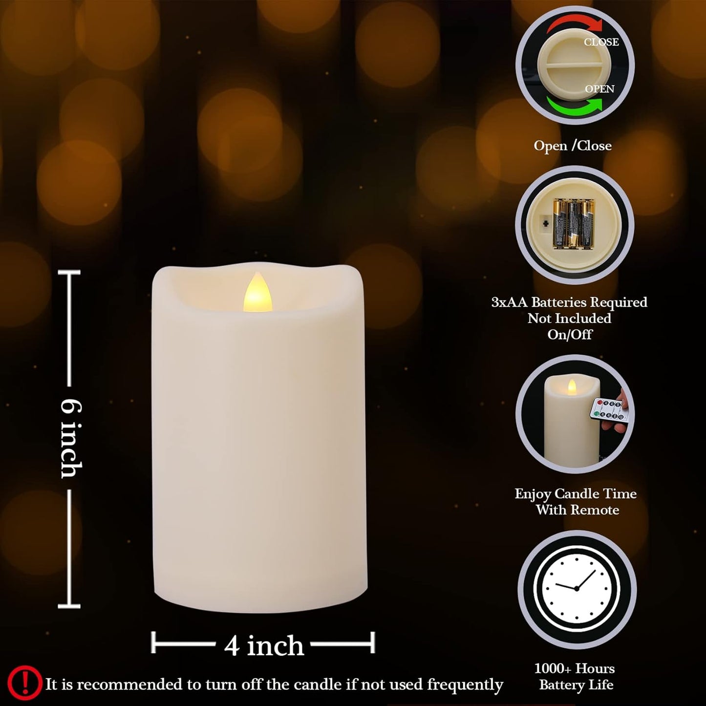 Large Outdoor Waterproof Flameless Candles with Remote and Timers, Battery Operated LED Flickering Pillar Candles, Long-Lasting, Ivory Plastic, D 4" x H 6", 1 Pack