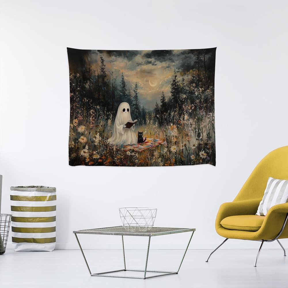 Halloween Ghost and Black Cat Tapestry Wall Hanging Spooky Ghos Reading Book in Wildflowers Wall Decor Halloween Witchy Room Aesthetic Tapestries for Goth Living Room Bedroom Decoration 60x80inch