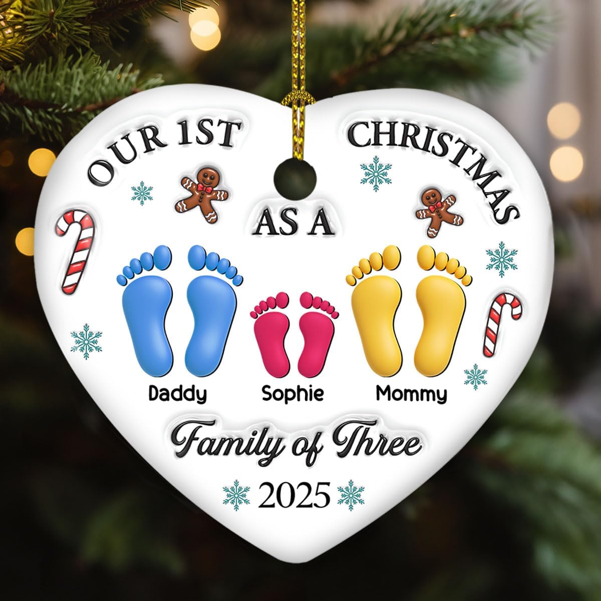 Our First Christmas Personalized 3D Effect Heart Ceramic Ornament – Gift for Newlyweds or Newly Married Woman This Christmas