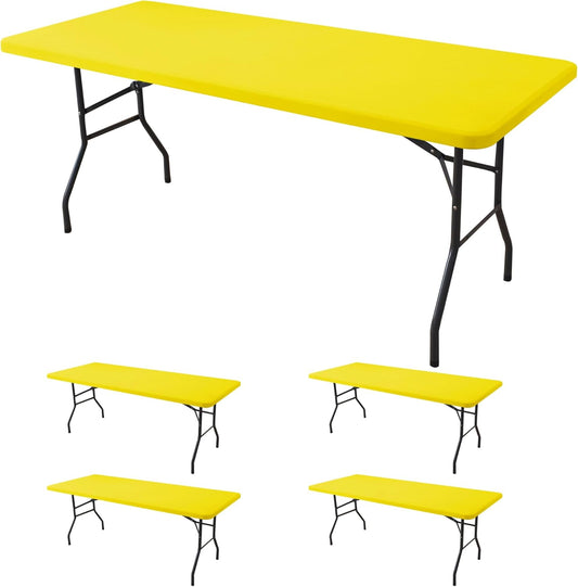 Fitted Tablecloth for 6 Foot Rectangle Tables-4 Pack Yellow Elastic Outdoor Picnic Table Cover-Spandex Stretch Folding Table Cloths 6 ft for Camping Dining Room Patio Kitchen Banquet Party