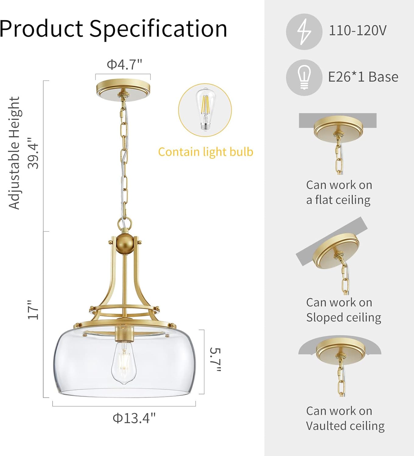 WUZUPS Chandelier Rustic Farmhouse Industrial Round Ceiling Pendant LED Light Fixture with Clear Glass Shades for Dining Room Kitchen Island Foyer Entryway, H 17" x W 13.4", E26 Base, Gold