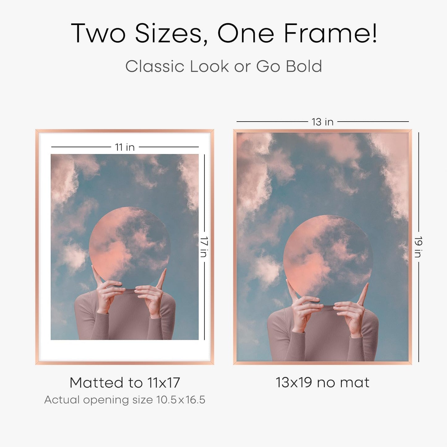 Homeforia 13x19 Picture Frame Rose Gold, High End Metal 13x19 Poster Frames with Mat 11x17 inch Photo, 13 x 19 Rose Gold Frame Matted to 11 by 17 Print, 19x13 Frame, Tempered Glass, Wall Kit, Set of 1