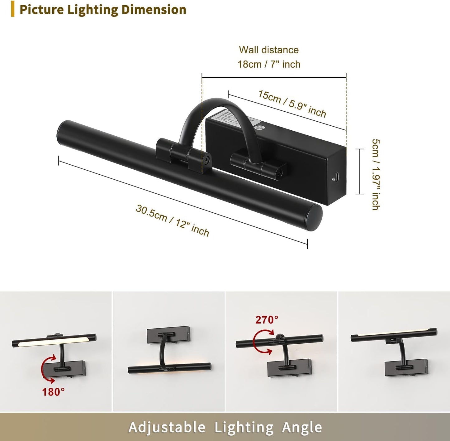 Battery Operated Picture Lights for Wall Black Art Light Wireless Gallery Lights with Timer and Remote 12 Inch 2W Warm White