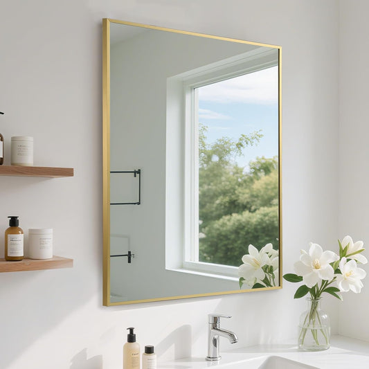 FARMER 20x28 Inch Gold Bathroom Mirror, Rectangle Wall Mounted Mirror, Vanity Mirror, Brushed Square Mirror, Framed Bathroom Mirror for Bedrooms, Entryways, Living Rooms, Horizontal/Vertical
