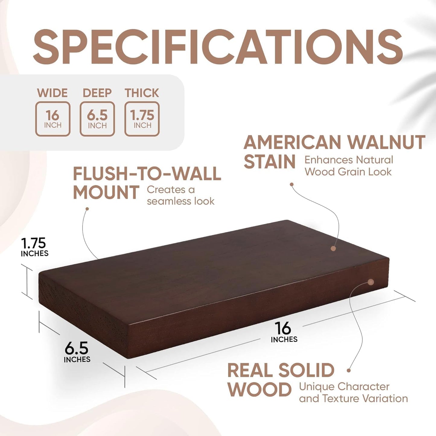 Homeforia Walnut Floating Bathroom Shelves, High End Solid Real Wood 16 inch Small Floating Shelf for Wall Mounted, Dark Brown 16inch Floating Shelves, Heavy Duty Bracket, 16 X 6.5 X 1.75 in, Set of 2