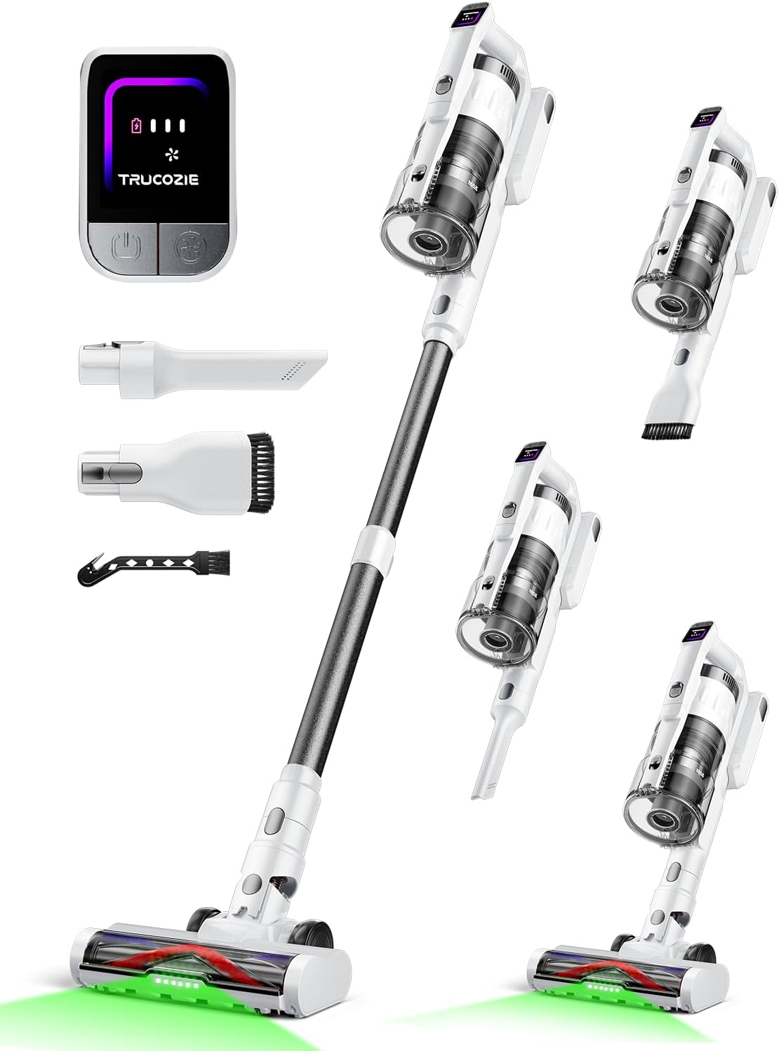 Cordless Vacuum Cleaner for Home, Upgraded 60Kpa Powerful Suction Pet Hair Vacuum with 70min Runtime, Green LED Light for Hardwood Floors & Carpet, Self-Standing Rechargeable Stick Vacuum, White