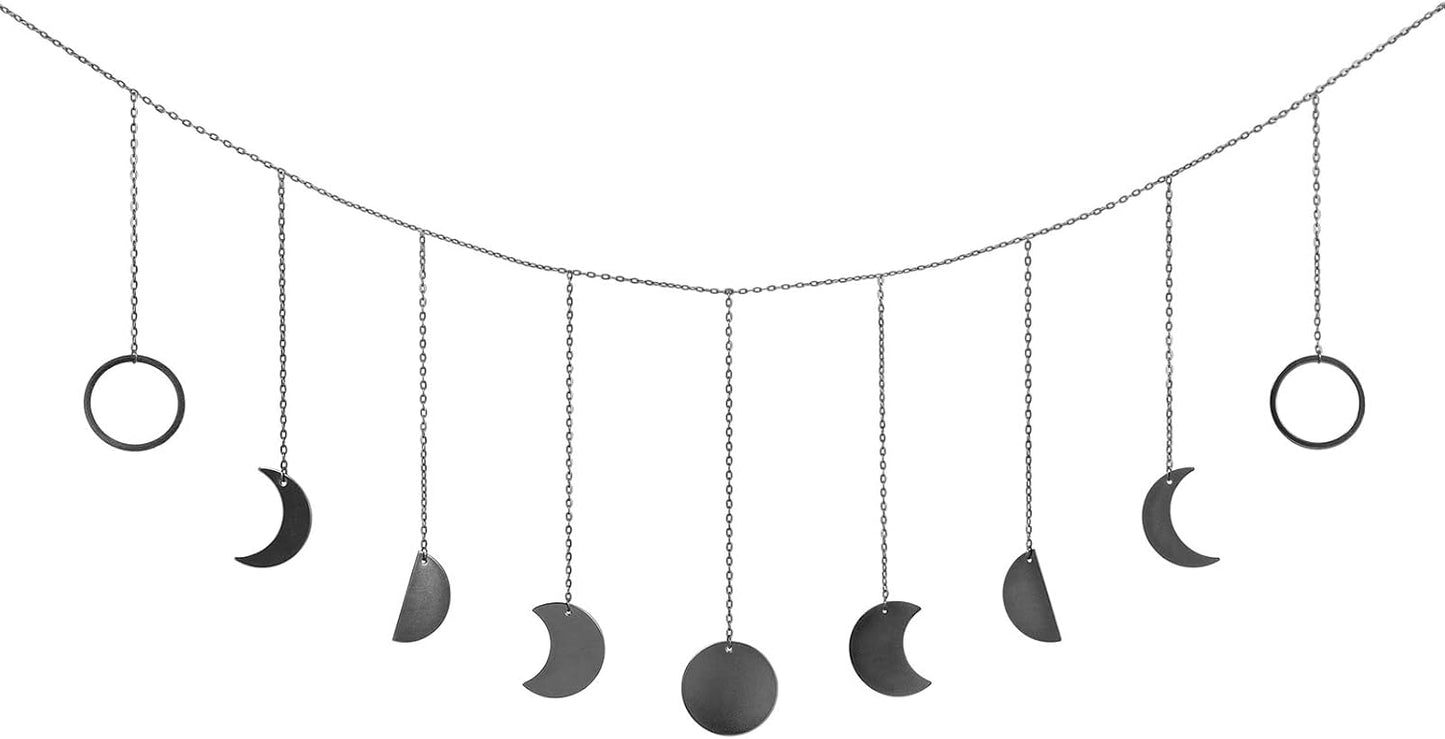 Mkono Moon Phase Wall Hanging Boho Aesthetic Room Decor Metal Moons Garland Hanging Art Bohemian Home Decoration for Girls Room Nursery Bedroom Livingroom Dorm, Ideal, Black, 50"