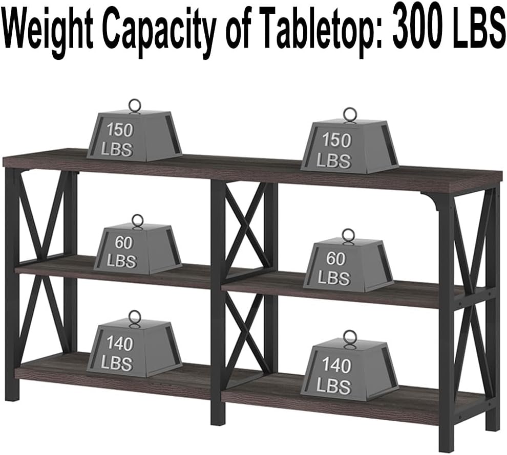 LVB Rustic Console Table, Industrial Modern Sofa Table Behind Couch, Long Metal Wood Entryway Table with Storage Shelf, Farmhouse Foyer Hallway Table for Home Living Room Bedroom, Dark Gray Oak, 63 in