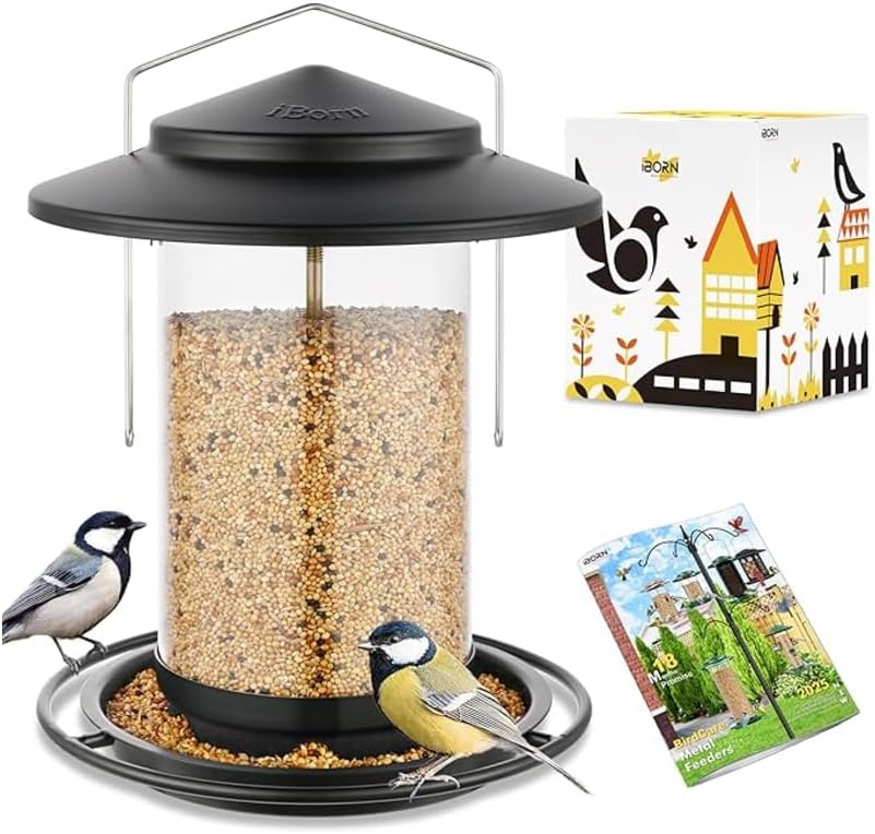 iBorn Metal Bird Feeders for Outdoors Hanging,Wild Bird Feeders for Cardinal,18cm Large Roof&Tray Black 6 Port (Seed is not Included)